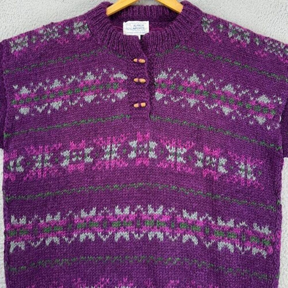 Alpaca‎ Imports 100% Wool Henley Sweater Womens XL Purple Fair Isle Hand Knit